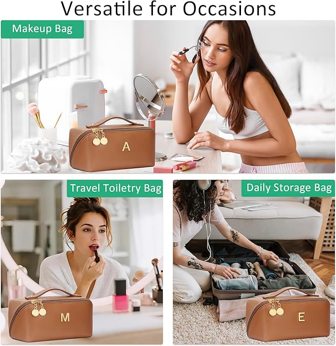 Gifts for Women Bridesmaid Gifts Personalized Initial Makeup Bag PU Leather Cosmetic Waterproof Travel Toiletry Bag (Large)