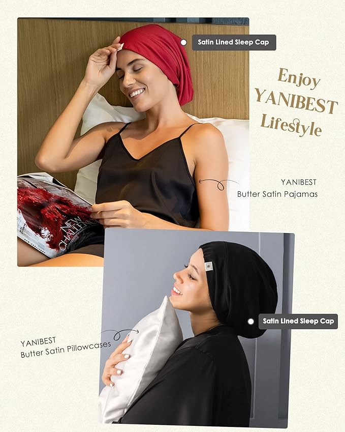 YANIBEST Silk Satin Bonnet Hair Wrap for Sleeping, Adjustable Slouchy Beanie for Women, Silk Lined for Curly Hair and Braids, Hot Pink