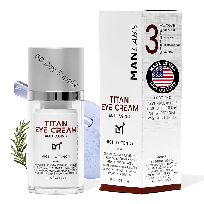 Man Labs Titan Anti-Aging Mens Eye Cream – Mens Dark Circles Under Eye Treatment – Eye Bags Treatment for Men – Crows Feet Eye Treatment Men – Peptides, HA, Herbal Extracts – All Skin Types –Unscented