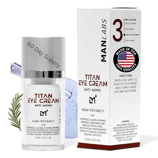 Man Labs Titan Anti-Aging Mens Eye Cream – Mens Dark Circles Under Eye Treatment – Eye Bags Treatment for Men – Crows Feet Eye Treatment Men – Peptides, HA, Herbal Extracts – All Skin Types –Unscented