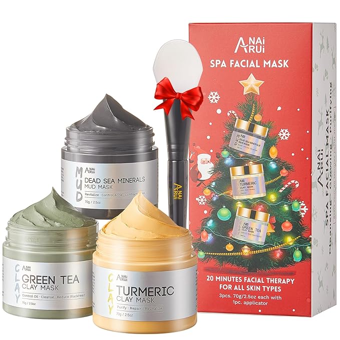 ANAI RUI 3Pack Face Mask Gift Set, Turmeric Clay Mask - Green Tea Mask - Dead Sea Minerals Mud Mask, Spa Gift Set Self Care Valentines Day Gifts for Women 2.5 oz Each