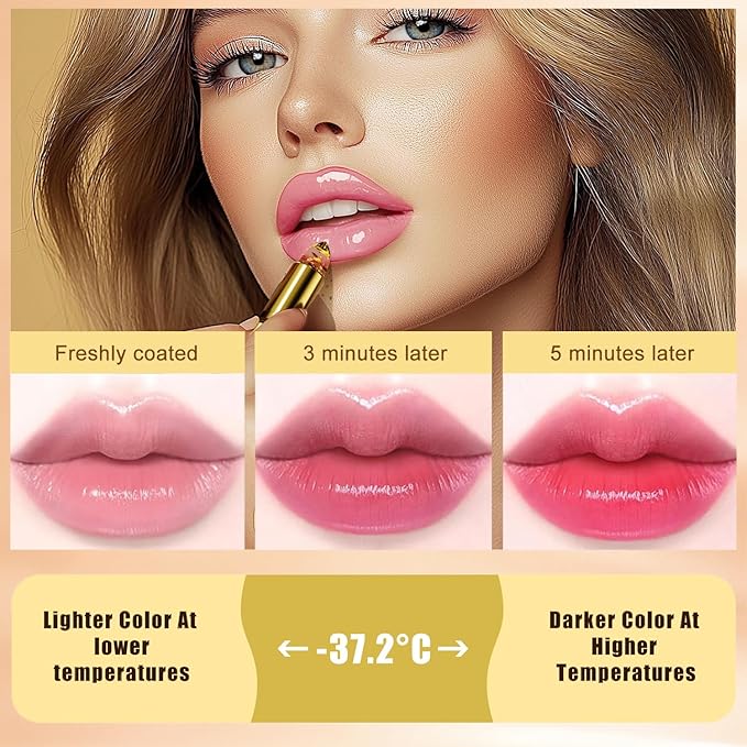 Color Changing Lipstick, Gold Crystal PH Lipstick Color Changing, Clear Lip stick That Changes Color, Long Lasting Moisturizing Tinted Lip Balm, Non-Sticky Formula, Lip Gloss for Women (1pcs, 0.12oz)