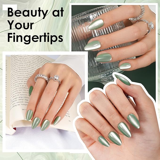 Canvalite Press On Nails Short Almond, 30Pcs Cat Eye Press on Nails Reusable Acrylic Fake Nails with Glue & Glue Remover Easy to Use Manicure Kit for Women, Green