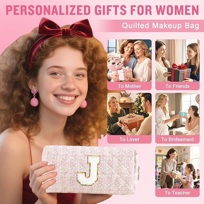 Personalized Quilted Cosmetic Bag, Puffy Monogrammed Christmas Birthday Gifts for Women & Girls, Cute initial Floral Makeup Bag Puffer Coquette Bag, Aesthetic Travel Toiletry Zipper Pouch(Pink,J)