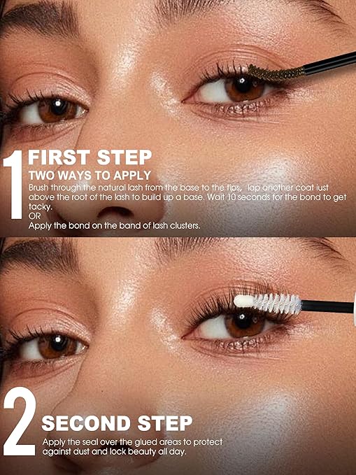 Brown Lash Cluster Glue Bond and Seal Waterproof 150H Super Strong Hold Long-Lasting for Eyelash Clusters Extensions Kit DIY Self Adhesive 2 in 1 Individual Lash Glue Brown Bonder & Clear Sealant