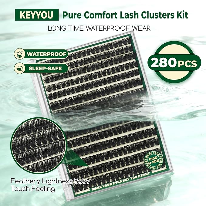 KEYYOU DIY Lash Extension Kit - 280pcs Soft Clusters - 100D Curl - Easy to Apply with Bond, Seal & Remover - At Home