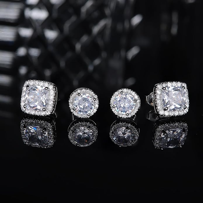 Hayoso 18K Gold Plated Halo Stud Earrings 925 Sterling Silver Cubic Zirconia Stud Earrings Round Square Diamonique Stud Earrings Set for Women Men