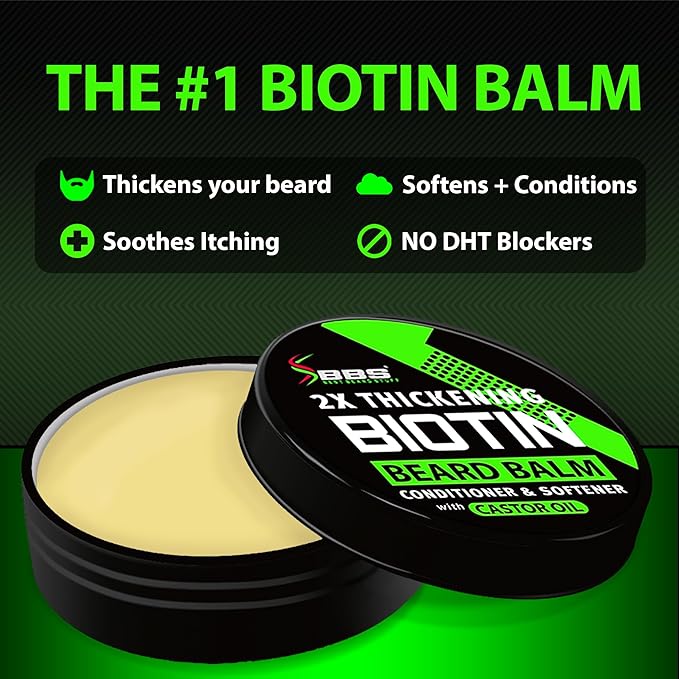 Biotin Beard Balm for Men - 2X Thickening for Beard and Mustache - Organic Mustache Wax with Castor Oil & Meadowfoam – Hydrating Facial Hair Growth Balm & Leave-In Conditioner