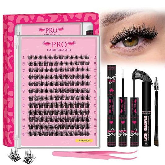 Lash Clusters Kit 3D Style Eyelash Clusters Kit with Lash Bond and Seal Eyelash Applictor Lash Remover for Beginner Waterproof Resuable Eyelash Extensions at Home (Attraction-3D,8-16mix)
