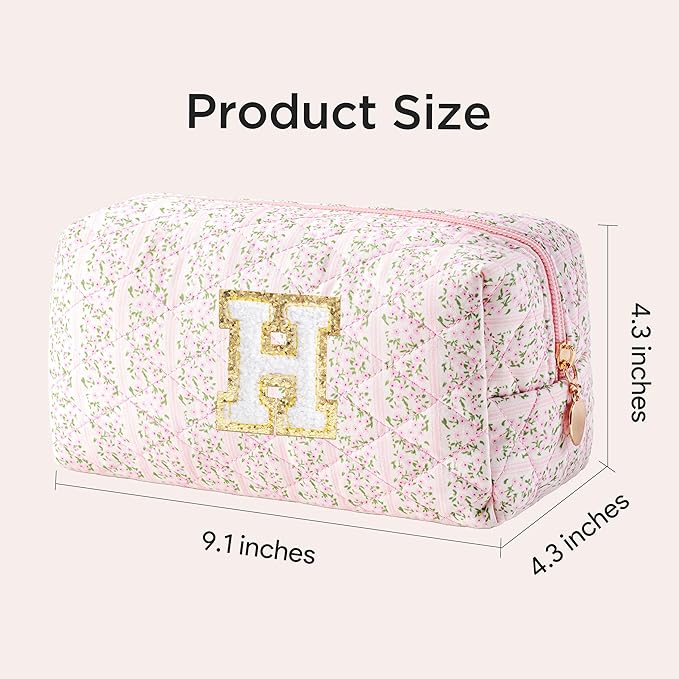 HBselect Initial Makeup Bag for Women, Pink Cosmetic Travel Toiletry Bag, Flowers Zipper Make Up Pouch Organizer Teen Girl Gifts Trendy Stuff H