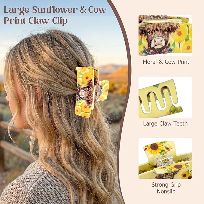 Medium Hair Claw Clip with Floral Cow Design, Plastic Non-Slip Strong Hold Jaw Clip for Thick & Thin Hair, Highland Cow Animal Hair Accessories for Women Daily Wear, Party, Travel
