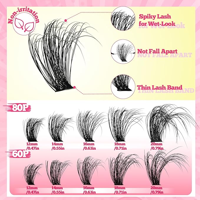 Lash Clusters Volume Eyelashes 280 Pcs Individual Eye lash Clusters 60+80D Cluster Lashes Wispy volume Lash Clusters D curl Makeup at Home - DIY Eyelash Clusters Extension Kit (12-20MM) Mix