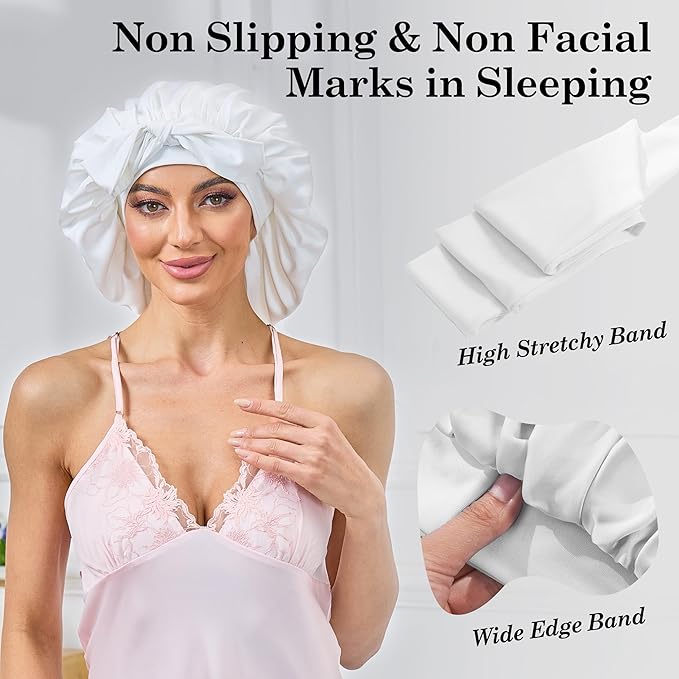 Silk Satin Bonnet for Sleeping Hair: Women Sleep Night Wrap Cap for Straight Wavy Curly Coily Kinky Natural Hair Head by Tie Band - Pure White Dould Side