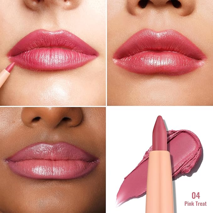 Oulac Pink Retractable Lipliner Pencil 2in1 Waterproof Makeup Crayon for Lip Liner and Eye Liner, Smooth and Creamy, Long Lasting Matte Finish, Vegan Beauty, 04 Pink Treat