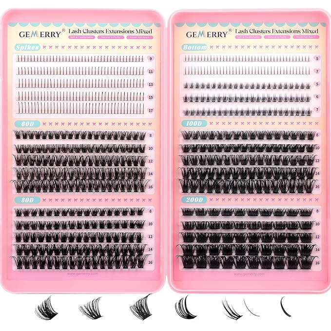 GEMERRY 4-in-1 Lash Clusters Spikes Clusters and 2 Styles Bottom Lashes 60D/80D/100D/200D Cluster Eyelash Extensions for DIY at Home(8-16mm)