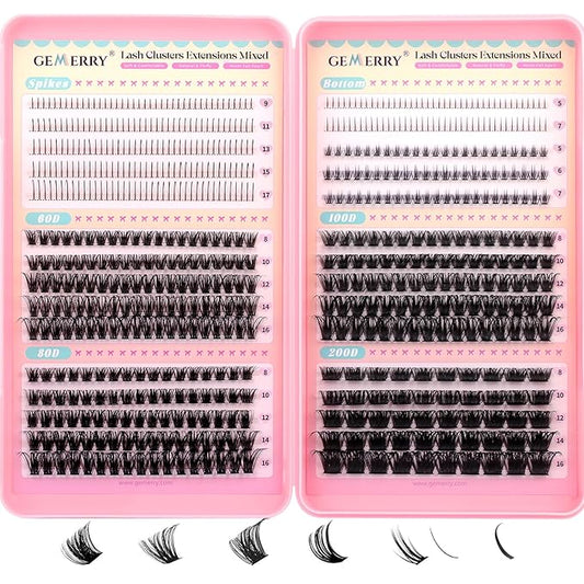 GEMERRY 4-in-1 Lash Clusters Spikes Clusters and 2 Styles Bottom Lashes 60D/80D/100D/200D Cluster Eyelash Extensions for DIY at Home(8-16mm)