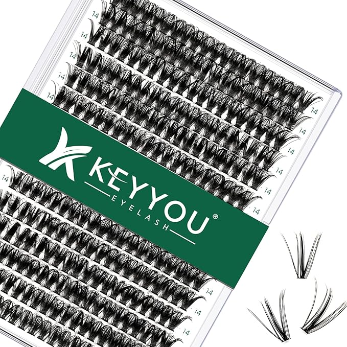 Lash Clusters 300pcs Individual Lashes 50D 0.07C Curl 14mm DIY Eyelash Extension KEYYOU Large Tray Volume Soft&Natural Cluster Lashes(50D-0.07C,14）