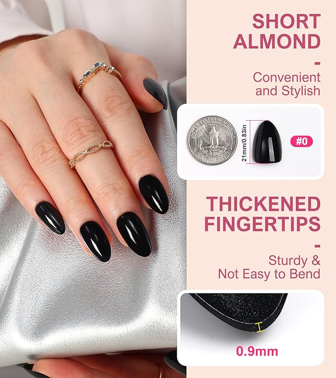 Morily Black Press on Nails Almond, 30Pcs Short Fake Nails Glossy Acrylic False Nails Reusable Full Cover Stick on Nails for Women, 15 Sizes, Thicker Fingertips