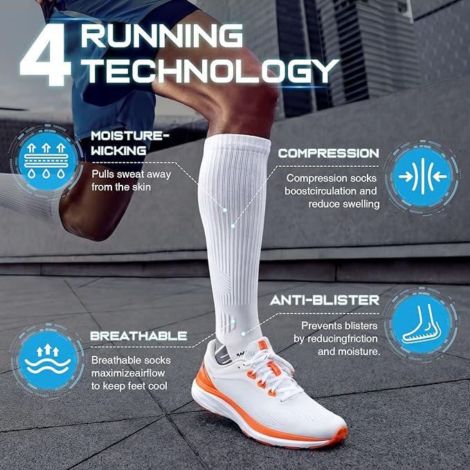Rahhint Coolmax 20-30 mmHg Compression Running Socks, Long Distance Anti Blister Cushion Moisture Wicking Tall Athletic Socks
