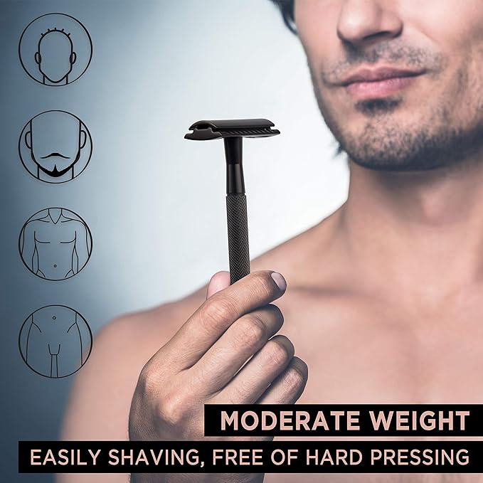 ZOMCHI Safety Razor for Men with 5 Double Edge Safety Razor Blades, One Blade Safety Razor, Metal Razor Zero Waste – Black