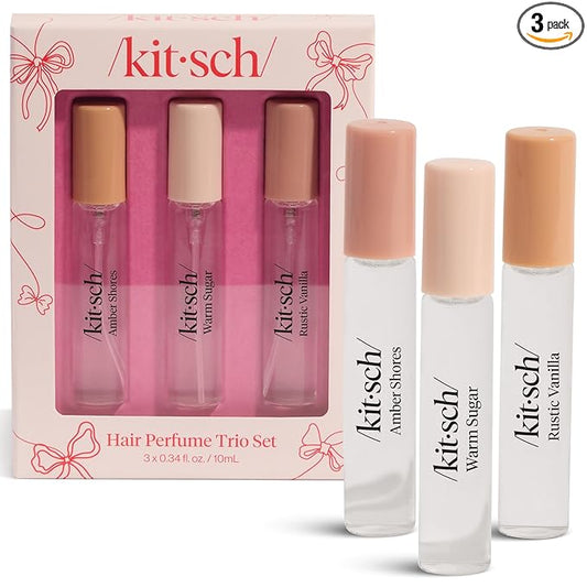 Kitsch Hair Perfume for Women - Trio Set | Clean, Deodorizing & Patented Odor-Eliminating Technology Hair Spray & Body Mist - Freshen Hair, Pillows - Amber Shores, Warm Sugar, Rustic Vanilla, 3x10mL