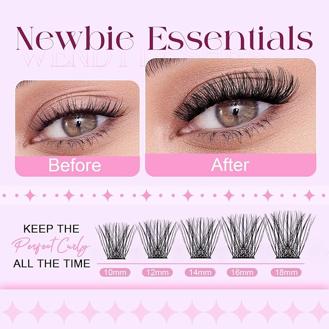 Wispy Individual Lash Clusters D-Curly Volume Lash Extensions 10-18mm Natural DIY Cluster Lashes for Beginners