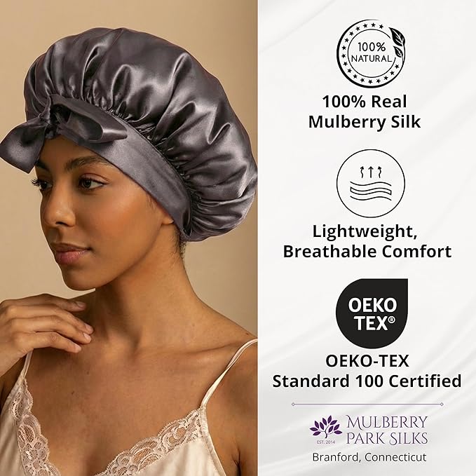100% Mulberry Silk Hair Sleep Bonnet - Reversible Sleep Bonnet for Women, Wide Band Adjustable Tie, Night Cap for Curly Hair