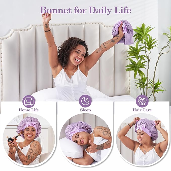 Tie Band Silk Satin Bonnet for Sleeping Hair: Women Sleep Night Wrap Cap for Straight Wavy Curly Coily Kinky Natural Hair Head - Lavender Purple