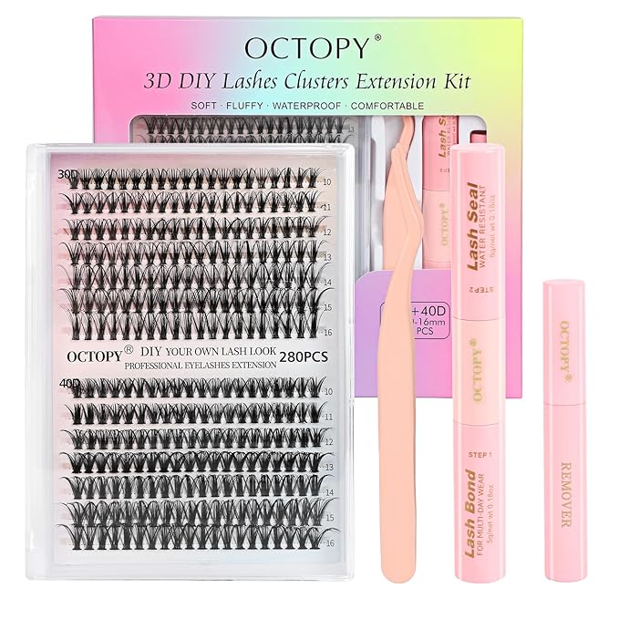 OCTOPY Wispy Lash Clusters Kit - DIY Extension Kit 240 PCS, 30D 40D Fluffy Cluster Eyelash Extensions 10-16mm, D Curl With Tweezers, Bond and Seal Waterproof