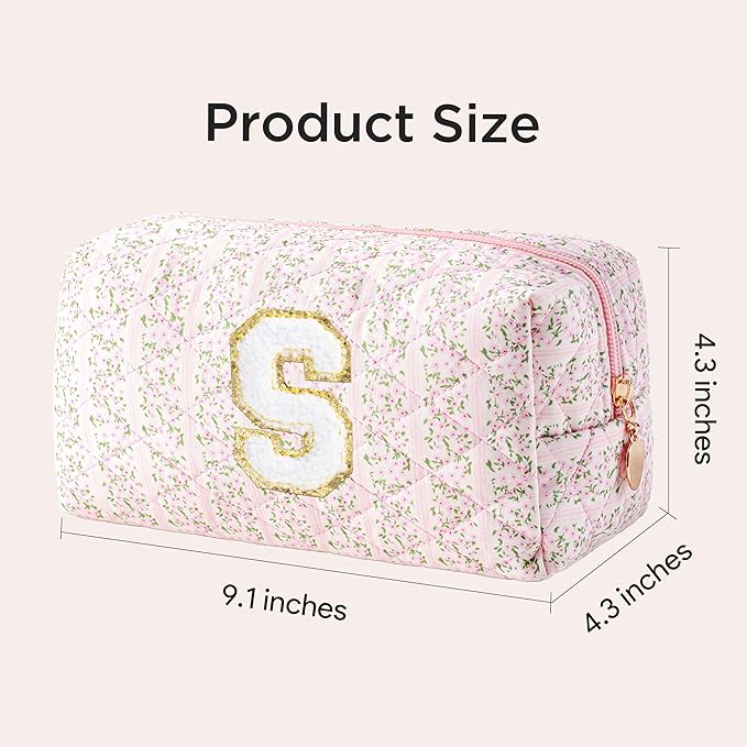 HBselect Initial Makeup Bag for Women, Pink Cosmetic Travel Toiletry Bag, Flowers Zipper Make Up Pouch Organizer Teen Girl Gifts Trendy Stuff S