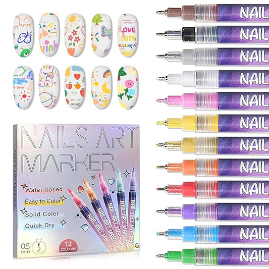 IONSGAKO 12 Colors Nail Art Pens Set, Nail Art Markers Polish Pens for Nail Art Quick Drying 3D Acrylic Paint Markers for Painting Dotting Liner Pen Nail Salon DIY Design Kit 0.5mm