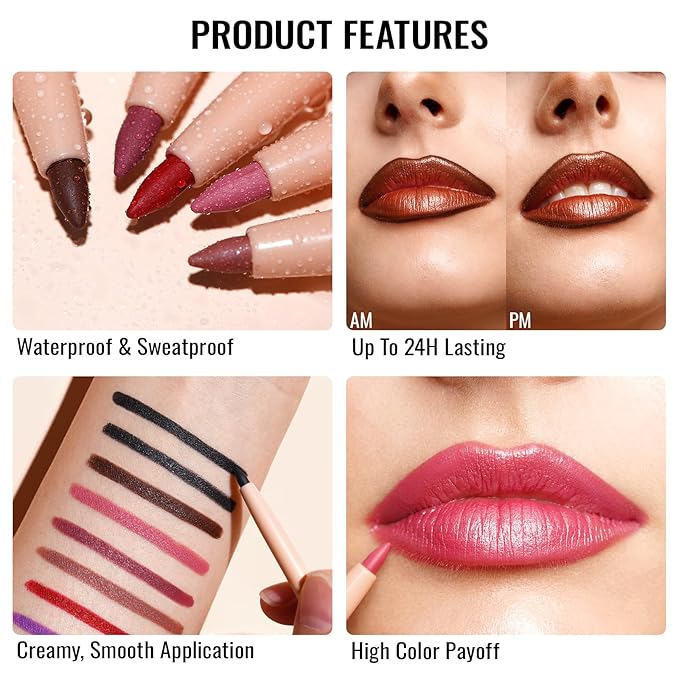 Oulac Waterproof Lipliner Pencil Set - Smooth and Creamy, Retractable Lip Makeup for Precision Application, Vegan & Cruelty-Free