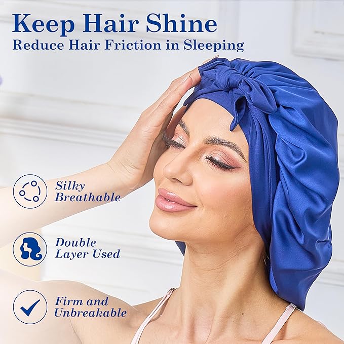Silk Satin Bonnet for Sleeping Hair: Women Sleep Night Wrap Cap for Straight Wavy Curly Coily Kinky Natural Hair Head by Tie Band - Navy + Sky Blue