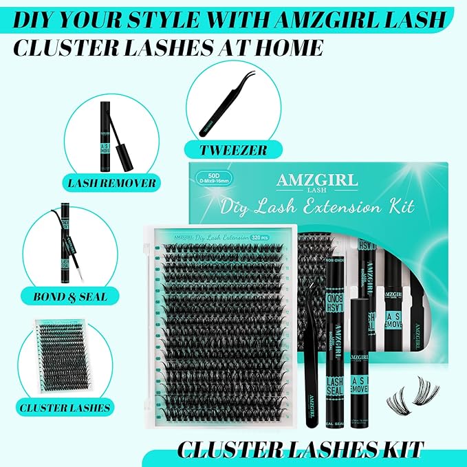 Lash Clusters Kit 320Pcs,50D Eyelash Extension Kit,Lash Bond and Seal Waterproof,Lash Remover for Individual Cluster Lashes Kit,Lash Applicator Tool for DIY Lash Extension Kit(D-Mix9-16mm Kit)