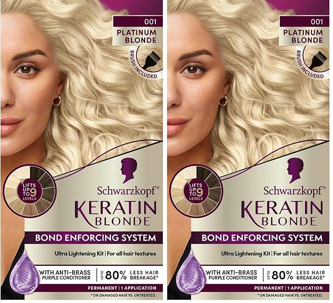 Schwarzkopf Keratin Blonde Hair Dye Platinum Blonde 001, Ultra Lightening Kit, 1 Application - Hair Bleach Enriched with Keratin, Lightens up to 9 Levels and Protects Hair from Breakage (Pack of 2)
