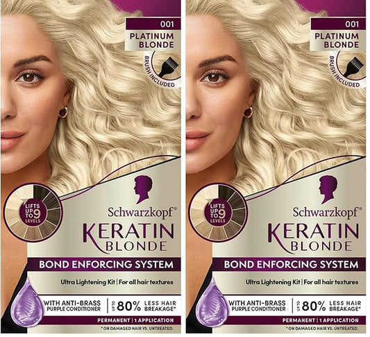 Schwarzkopf Keratin Blonde Hair Dye Platinum Blonde 001, Ultra Lightening Kit, 1 Application - Hair Bleach Enriched with Keratin, Lightens up to 9 Levels and Protects Hair from Breakage (Pack of 2)