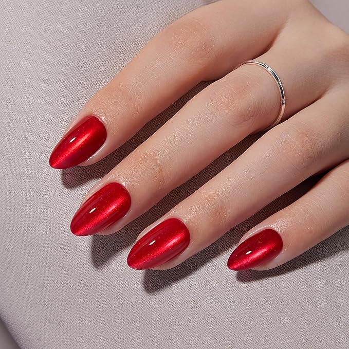 VSALON Press on Nails Short Almond - Red Cat Eye Chrome New Year Nails, Reusable Opaque Gel Fake Nails Kit with Glue & Cuticle Oil - 32 PCS Stick on Nails in 16 Sizes (Pulse red)