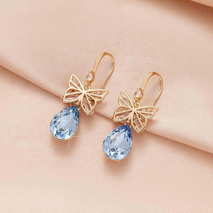 Austrian Crystal Teardrop Butterfly Drop Dangle Earrings for Women 14K Rose Gold Plated Hypoallergenic Jewelry