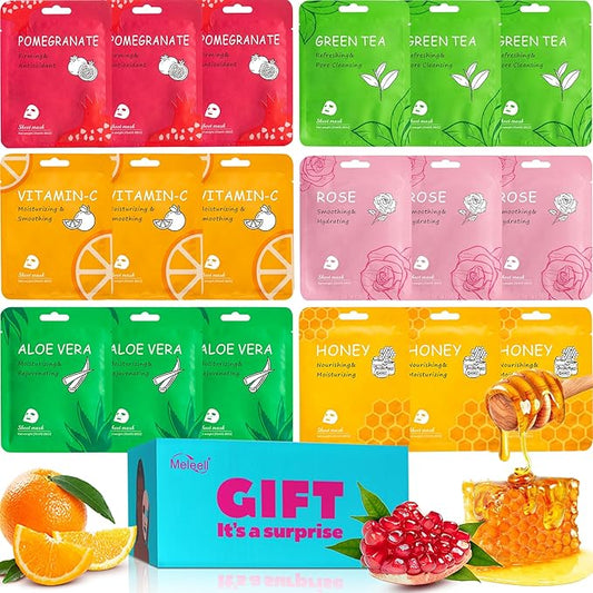 Meleell 18 Pack Collagen Face Masks Skincare Bulk,Hydrating Spa Face Mask Beauty for Sensitive Skin,Sheet Mask for Skin Care, Facial Mask Sets Birthday Party Gifts for Women/Teen Girls/Kids