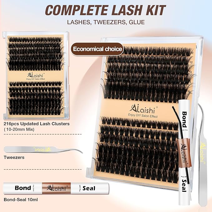AILAISHI Lash Clusters Kit, DIY Cluster Eyelash Extensions 10‑20mm, 80D+100D, 216pcs Fluffy D Curl Natural Lashes with Bond & Seal,Tweezers–Fake Cat Eye Individual Clusters