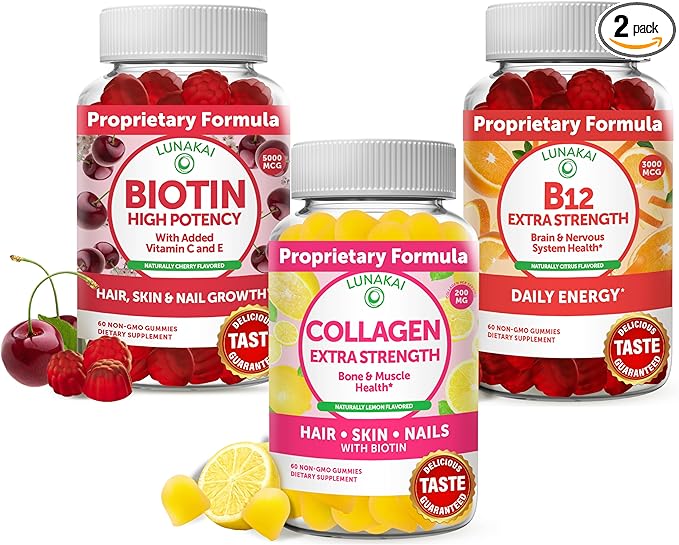 Lunakai Collagen, Biotin and Vitamin B12 Bundle - Anti Aging Supplements for Men & Women, with VIT C for Hair Skin and Nails Growth, Methylcobalamin 3000mcg Organic Gummy - Non-GMO Vegan Supplement