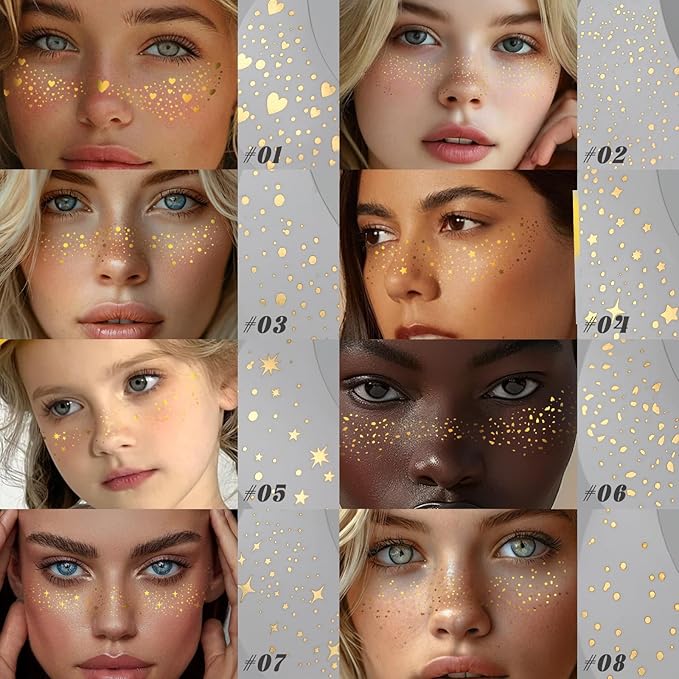 HOSAILY 8 pcs Gold Glitter Freckles Face Tattoo, Waterproof Sparkle Face Glitter Speckles Patches for Women, Cute Star Glow up Glitter Temporary Tattoo Makeup Accessories for Festival Rave
