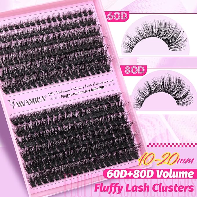 Yawamica Lash Clusters 60D 80D Thick Volume Cluster Eyelash Extensions Fluffier Eyelash Clusters 10-20mm Wispy Lash Extension D Curly Individual Lashes 280pcs DIY Lash at Home
