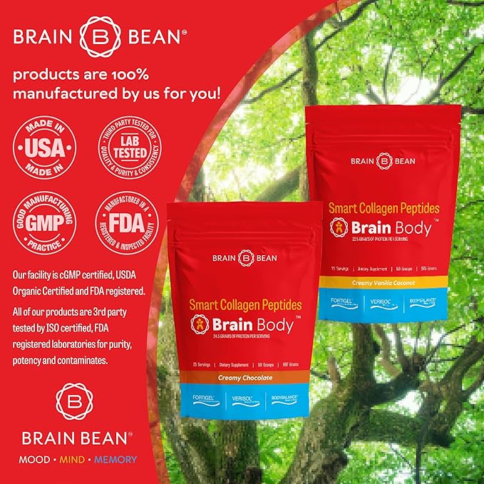 Brain Body Collagen Peptides Powder - Vital Protein & Collagen Supplement for Women & Men - Hydrolyzed Type I & III for Hair Skin, Nails & Joint Health - 25 Servings - Creamy Natural Chocolate - 997g