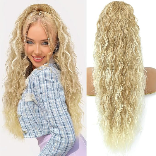 Ponytail Extension, Claw Clip on Pony tails Hair Extension for Women 28 Inch Long Wavy Curly Fake Ponytail Clip in Hair Pieces for Women Fluffy Natural Looking (Blond To Light Blonde)