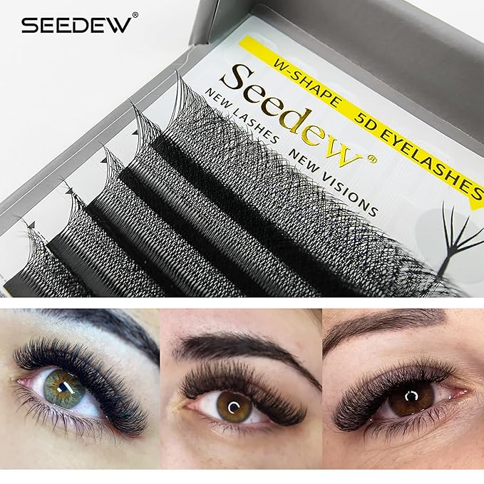 SEEDEW 5D Lash Extensions, 0.07mm D Curl 9mm 12 Rows/Tray, W Shape Flat Stem, Korean PBT Volume False Eyelashes Grafting for Beginner Artist, Lash Tech, Beauty Salon(5D-Matte Black-0.07-D-9mm)