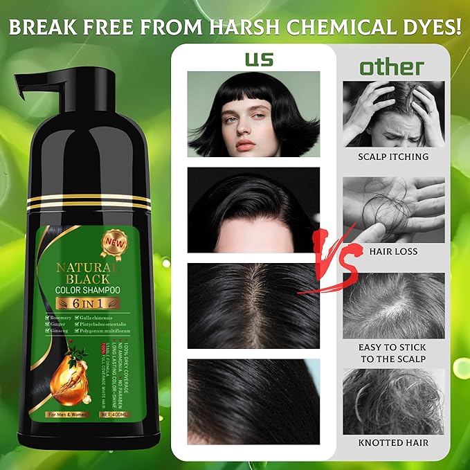 TWMINYUE Black Hair Dye Shampoo 6-in-1 Unisex Natural Herbal Formula, Hair Color Shampoo for Women&Man Long-Lasting Color for Grey Coverage Home & Salon (Natuarl Black)