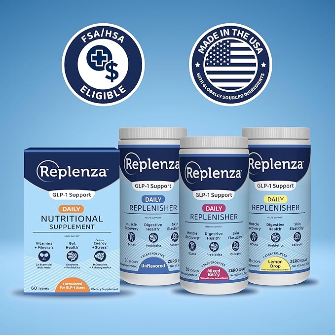 Replenza Daily Replenisher GLP-1 Nutritional Support, Powder, Muscle Recovery, Digestive Health & Skin Elasticity Mix of Amino Acids, Prebiotics and Collagen Peptides – Unflavored, 3 Pack