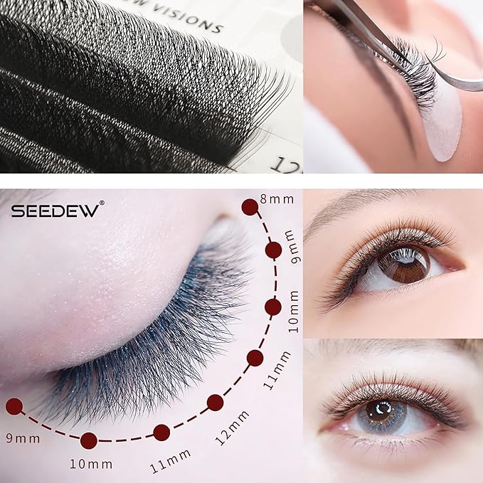 SEEDEW 3D Lash Extensions, 0.10mm LU/M Curl MIX8-15mm 12 Rows/Tray, W Shape Flat Stem, PBT Natural Eyelash Grafting for Beginner Artist, Lash Tech, Beauty Salon(3D-Matte Black-0.10-LU-MIX8-15mm)