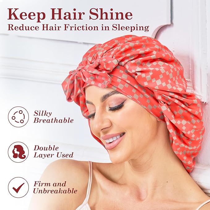 Silk Satin Bonnet for Sleeping Hair: Women Sleep Night Wrap Cap for Straight Wavy Curly Coily Kinky Natural Hair Head by Tie Band - Red & Dark Gold Checkered + Pink